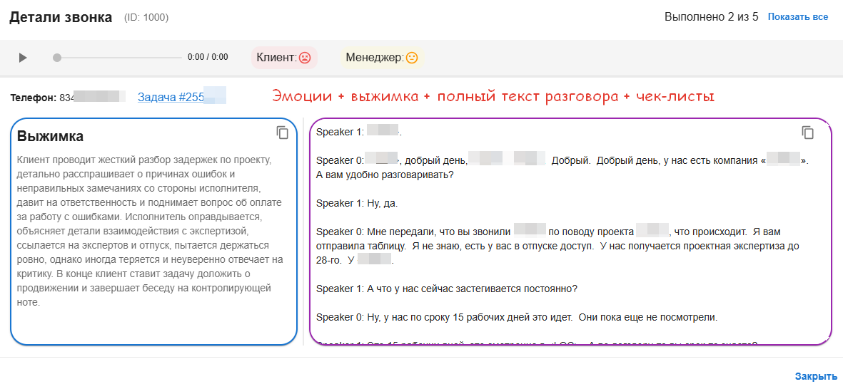 Эмоции, выжимка, текст разговора и выполнение чек-листов по звонку